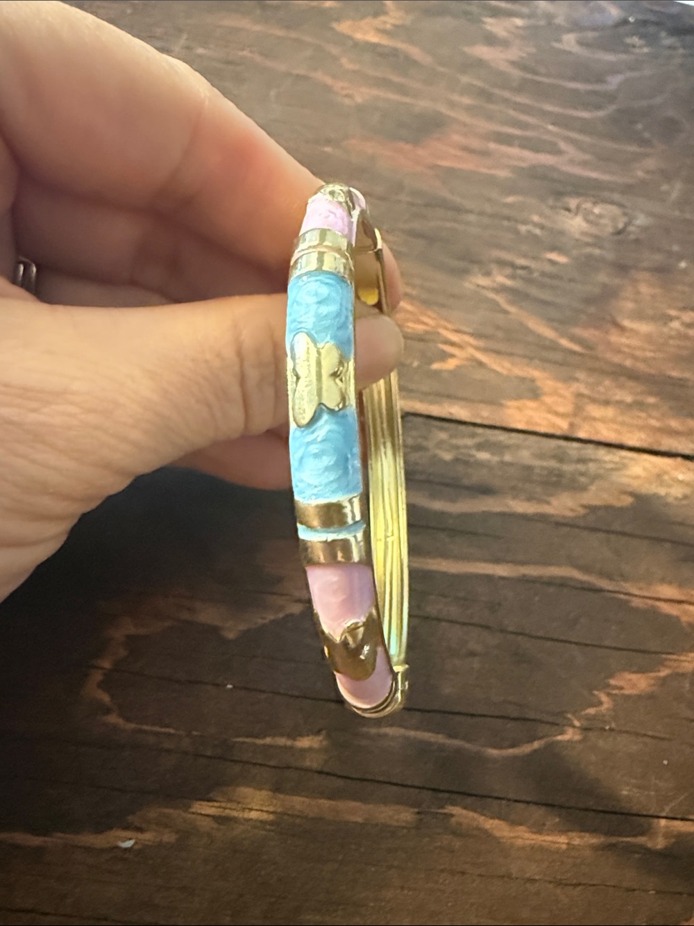 Gold Plated Butterfly Enamel Bangle Bracelet in Pink & Blue